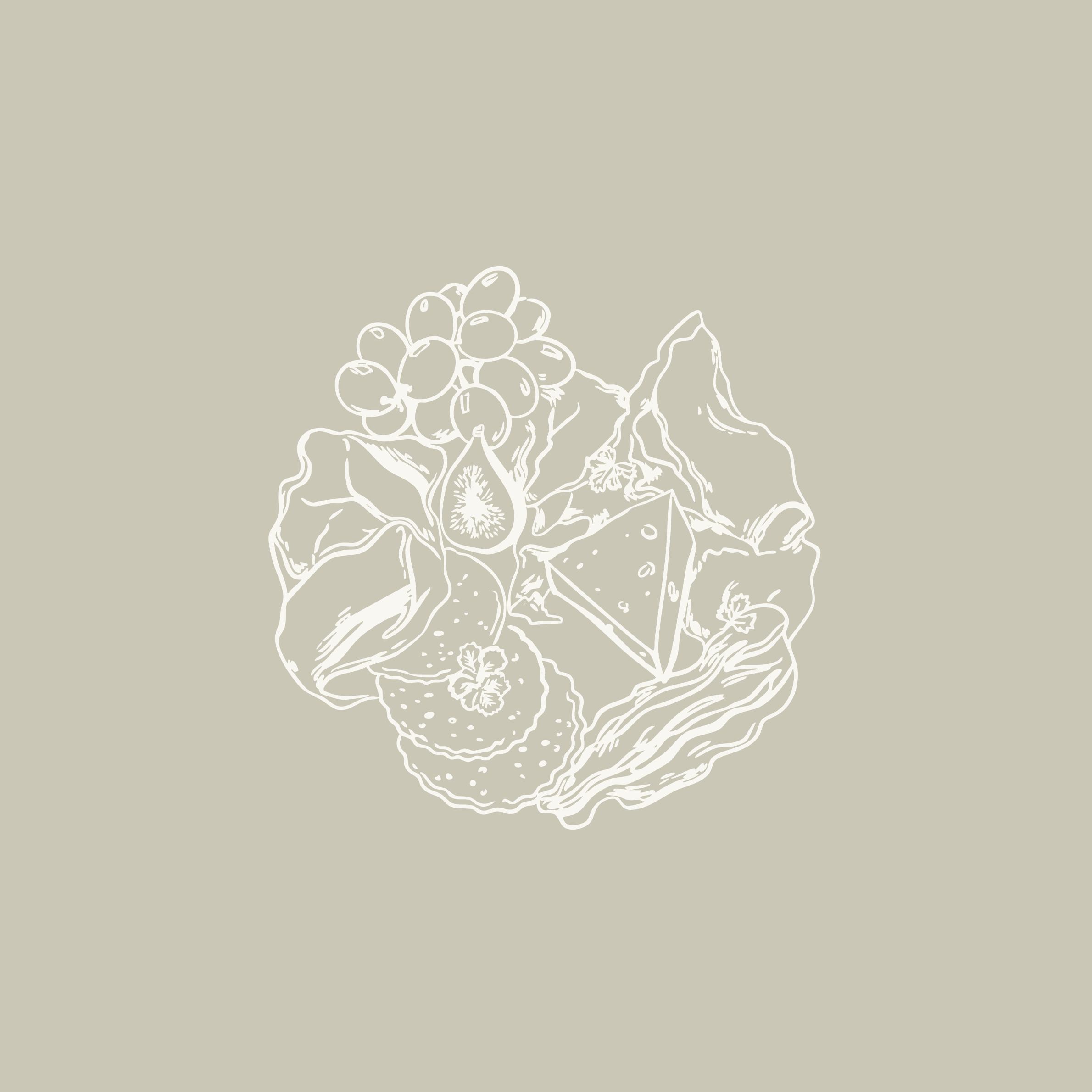 Line drawing of a cheese plate with grapes, a fig, strawberries, a wedge of cheese, and lettuce leaves on a light background.