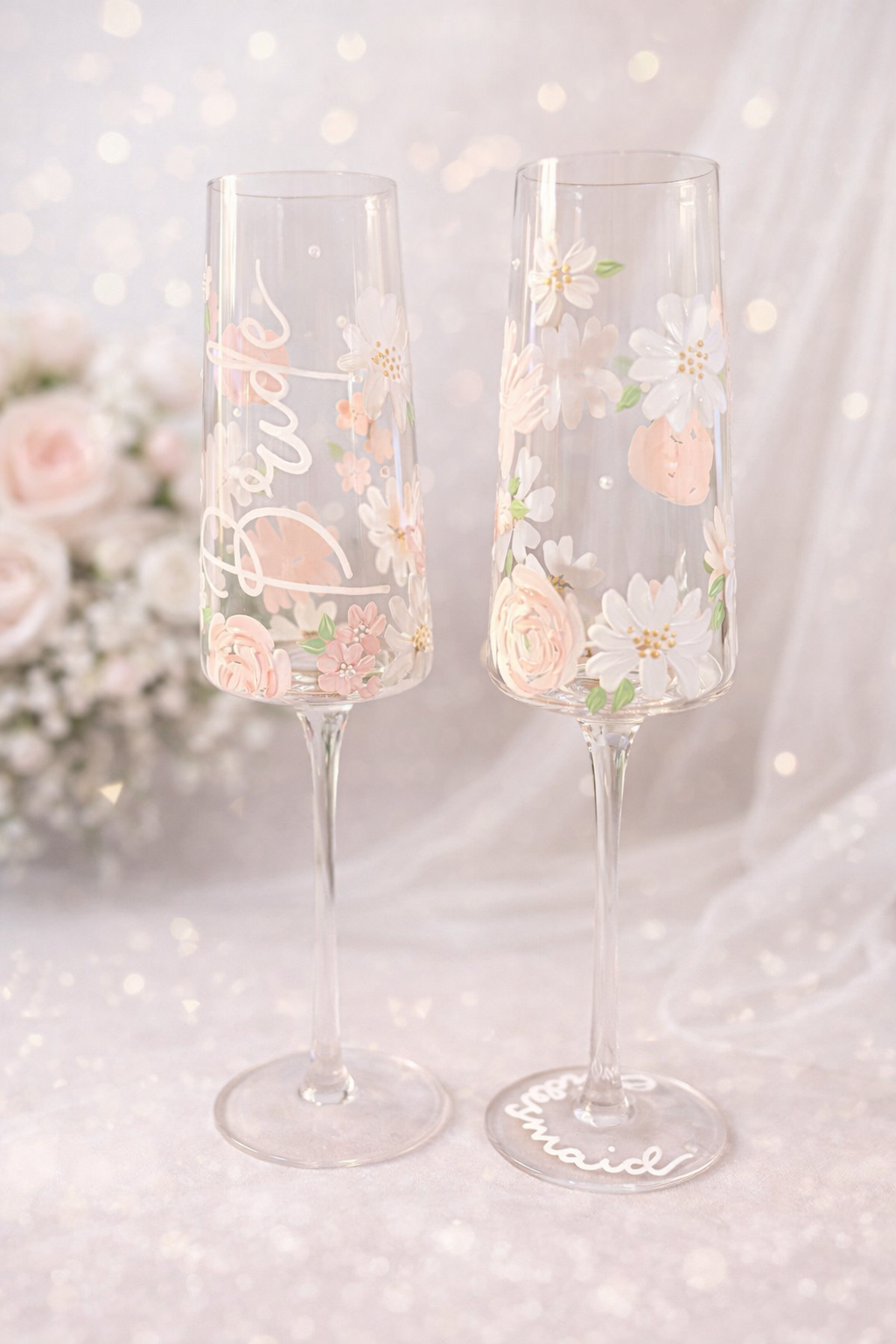 Two champagne flutes decorated with pink and white flowers, one has the word 'Bride' written on it, the other 'Maid' on the base, set against a soft, glittery background with a blurred bouquet of flowers in the background.