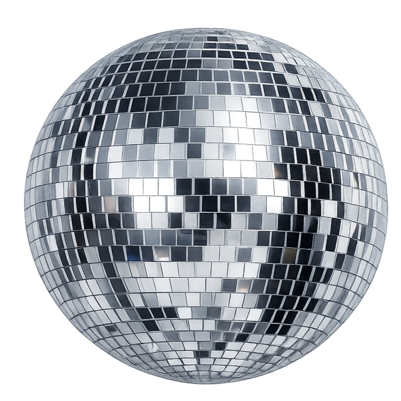 A disco ball with a reflected human face on its surface.