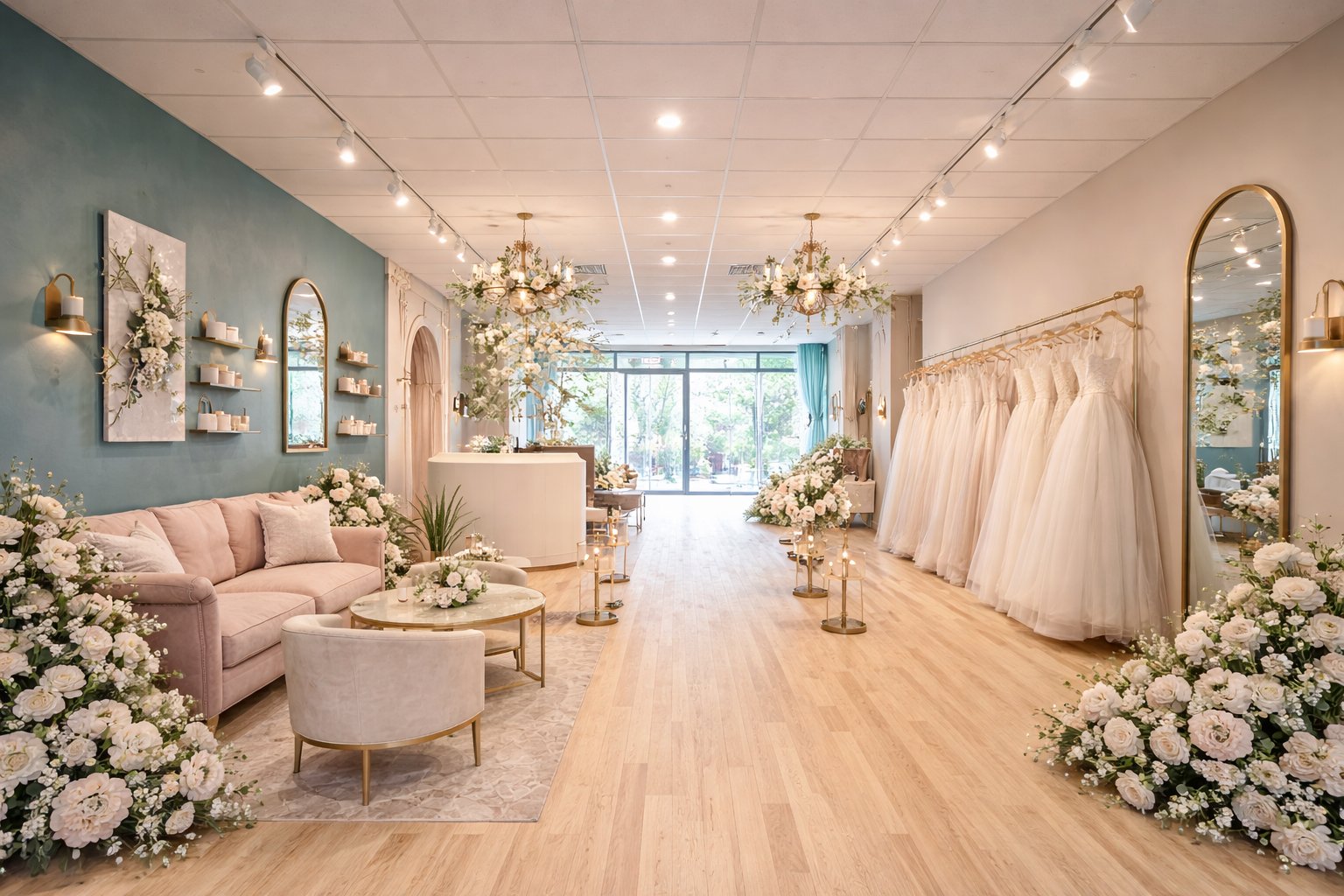 An elegant bridal boutique decorated with white and cream wedding dresses on the right side, floral arrangements, gold mirrors, and chandeliers. There is a pastel pink sofa on the left side with additional seating and floral decorations, and large windows at the back letting in natural light.