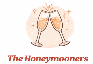 Illustration of two champagne glasses clinking with sparkling effects, and the text 'The Honeymooners' written below.