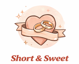 Illustration of a heart with wedding rings and a ribbon, with the text 'Short & Sweet' below.