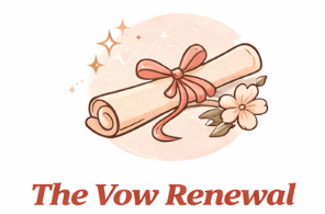 A scroll tied with a pink ribbon and a pink flower, with sparkles around it, and the text 'The Vow Renewal' below.