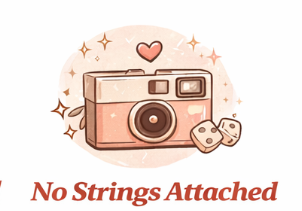 A cartoon illustration of a vintage camera with two dice and a heart above it, surrounded by sparkle effects, with the text "No Strings Attached" underneath.