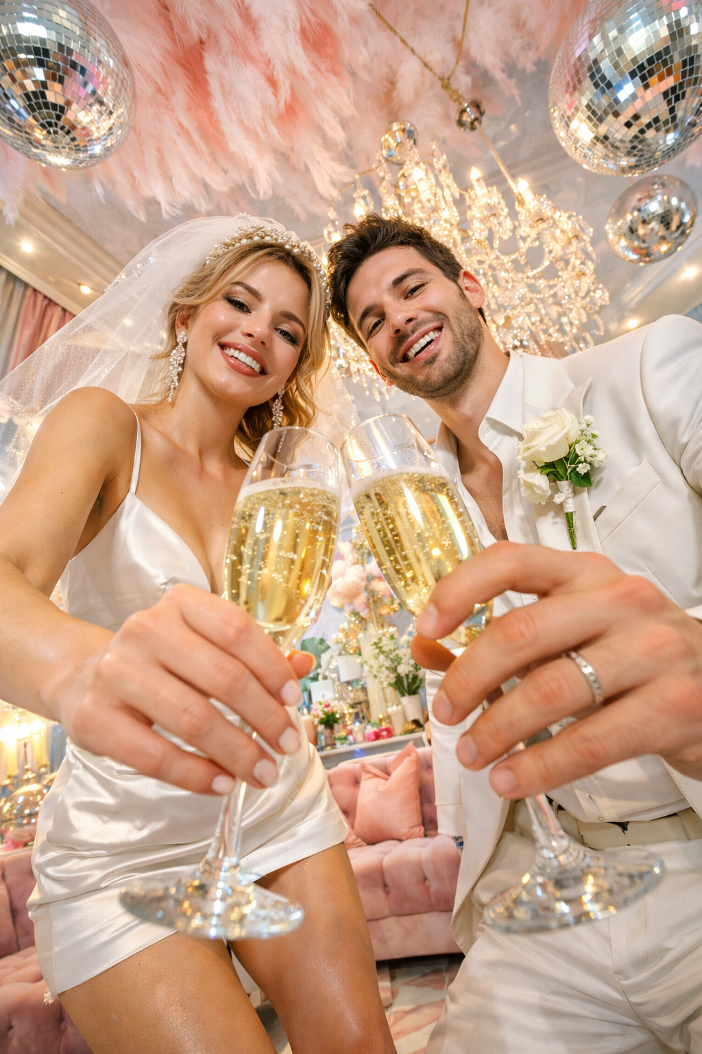A bride and groom in wedding attire, smiling, holding champagne glasses, celebrating their wedding in an elegant decorated room with chandeliers and disco balls.