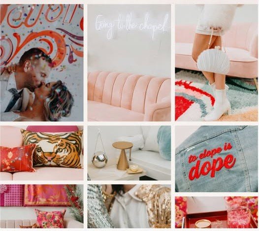 Collage of nine images featuring interior decor, clothing, and decorative objects. Includes a couple kissing, a pastel pink sofa, a person in white socks, a tiger pillow, a side table with decor, a denim jacket with red text, patterned bedsheets, a person in a white shirt, and a close-up of a pink flower and candle.