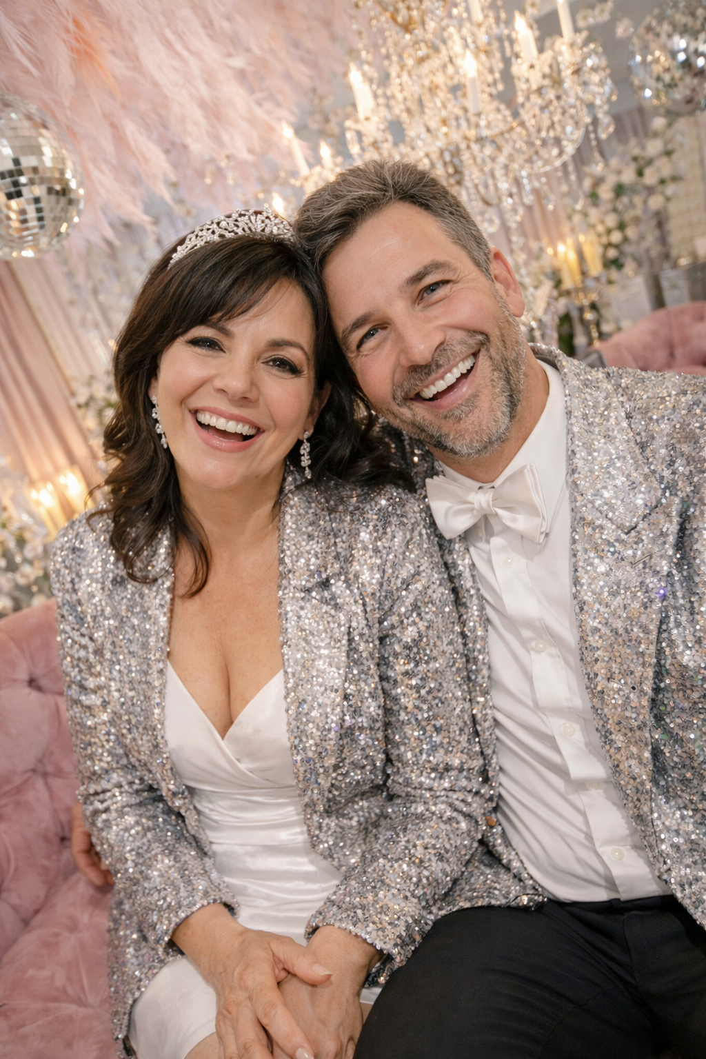 A smiling woman and man dressed in glittery silver jackets and white attire, sitting close together in an elegant, decorated venue with chandeliers and candles.