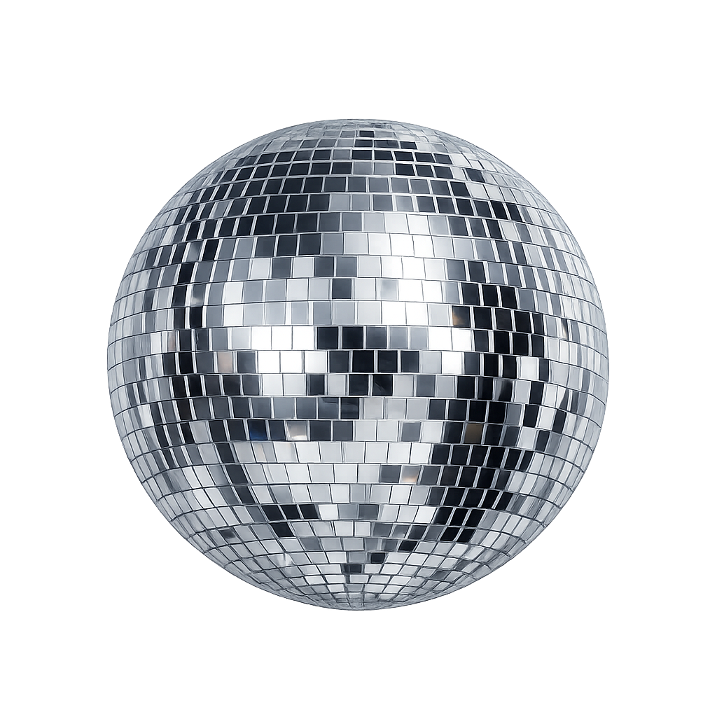 A large disco ball covered in small mirrored tiles reflecting light and surrounding objects.