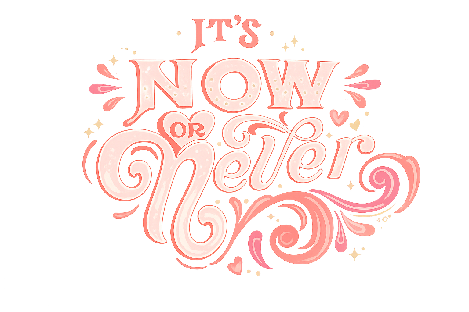 A pink and white neon sign that reads 'It's Now or Never' with decorative swirls, hearts, and stars.