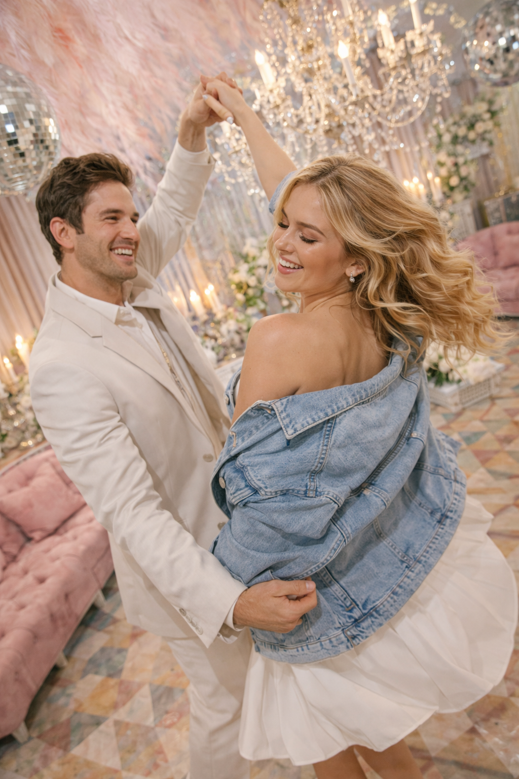 A happy couple dancing together in a decorated room with chandeliers, flowers, and a pink velvet sofa.
