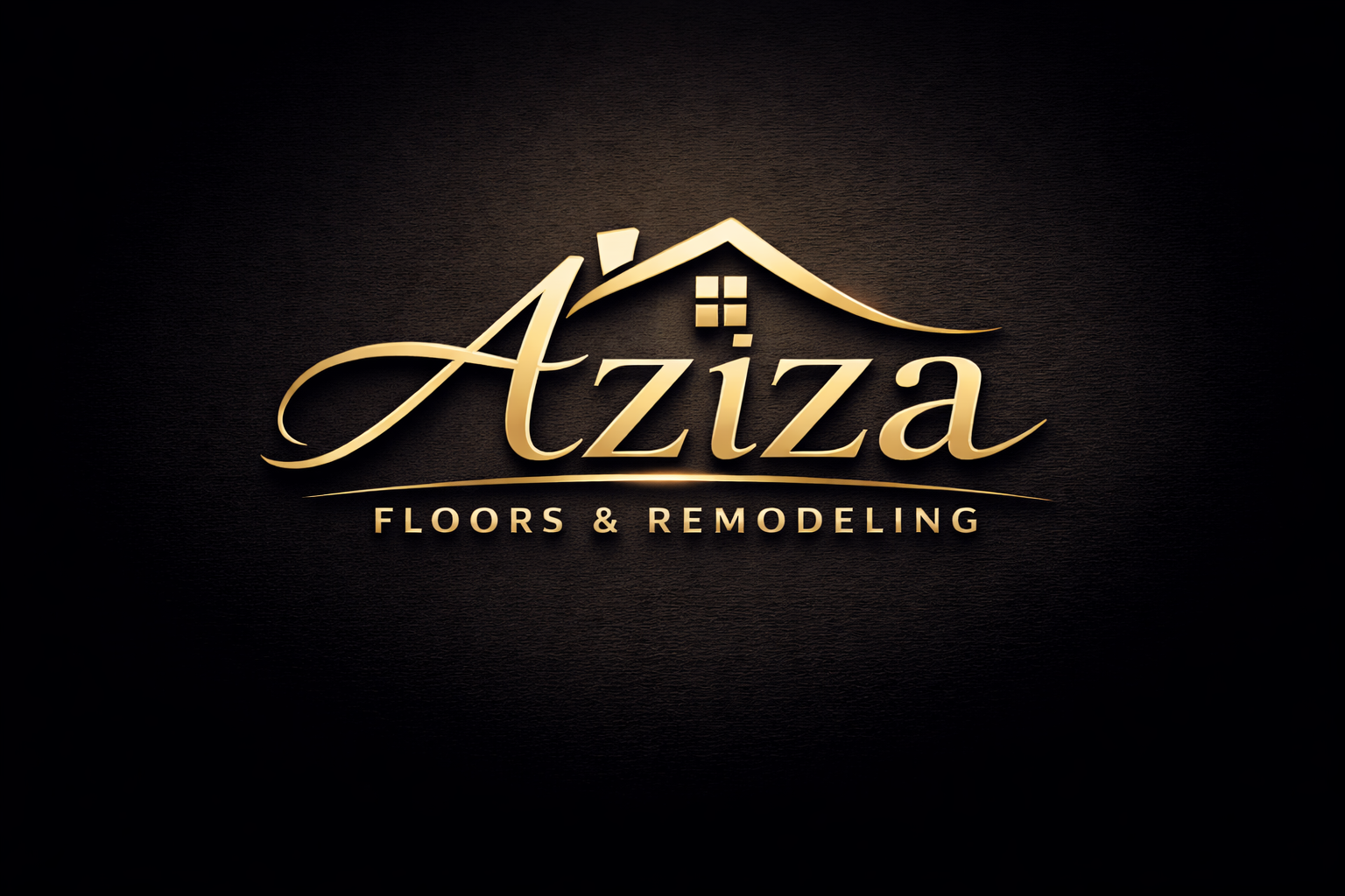 Gold and black logo for Aziza Floors & Remodeling with a house roof design and the business name.