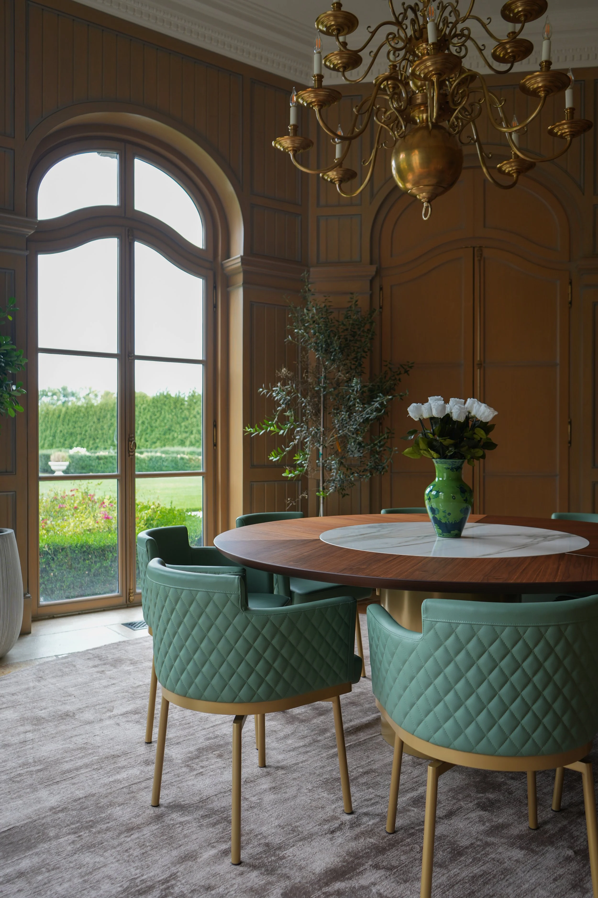 Designer dining room with custom millwork and styling, residential interior photography Long Island NY
