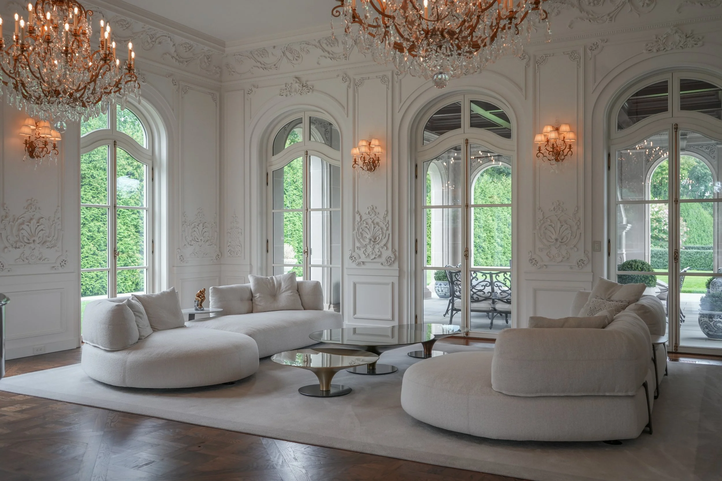 Designer living room with custom furniture and styling, residential interior photography Long Island NY