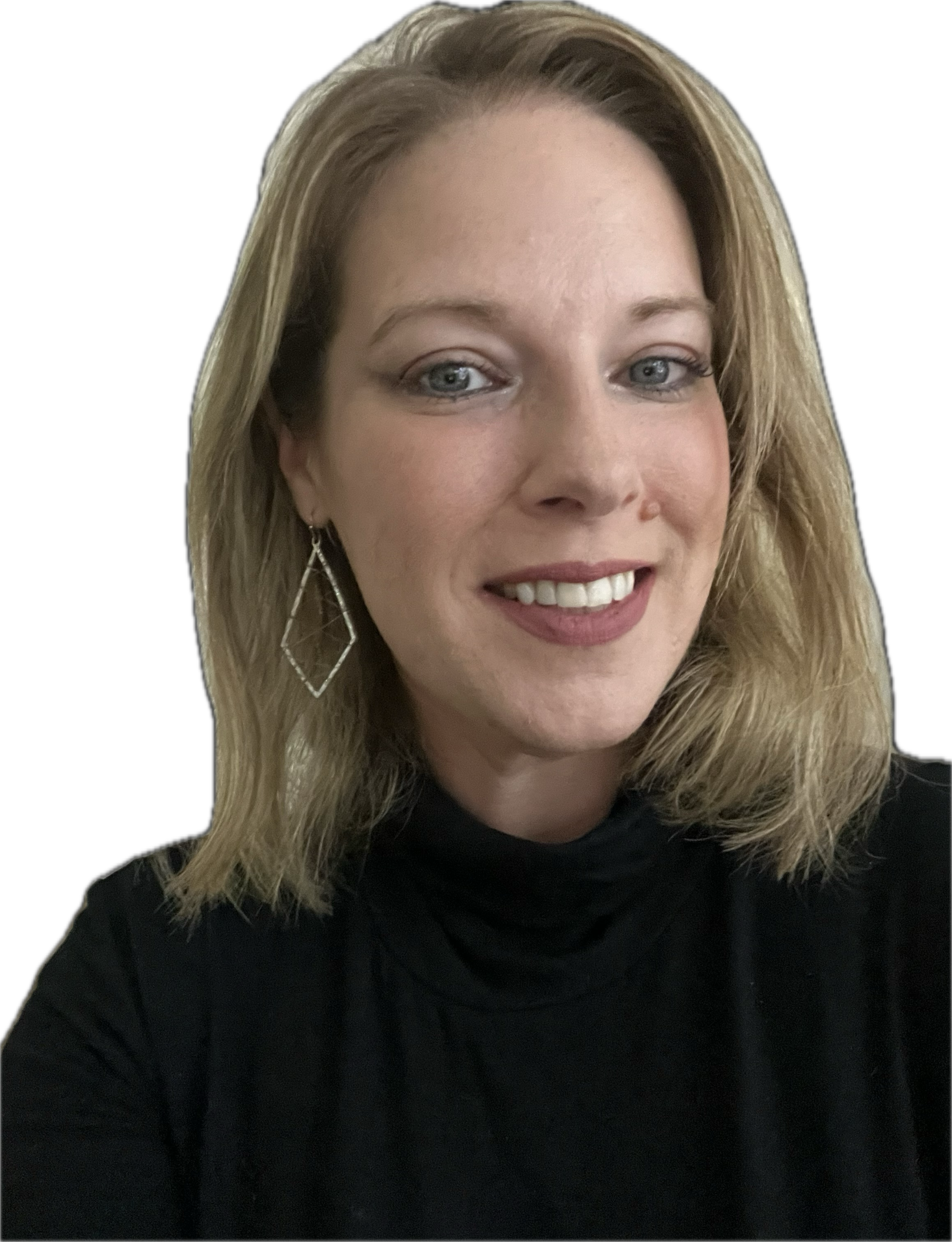 A woman with blonde hair, blue eyes, and earrings smiling at the camera. She is wearing a black top, and the background is black.