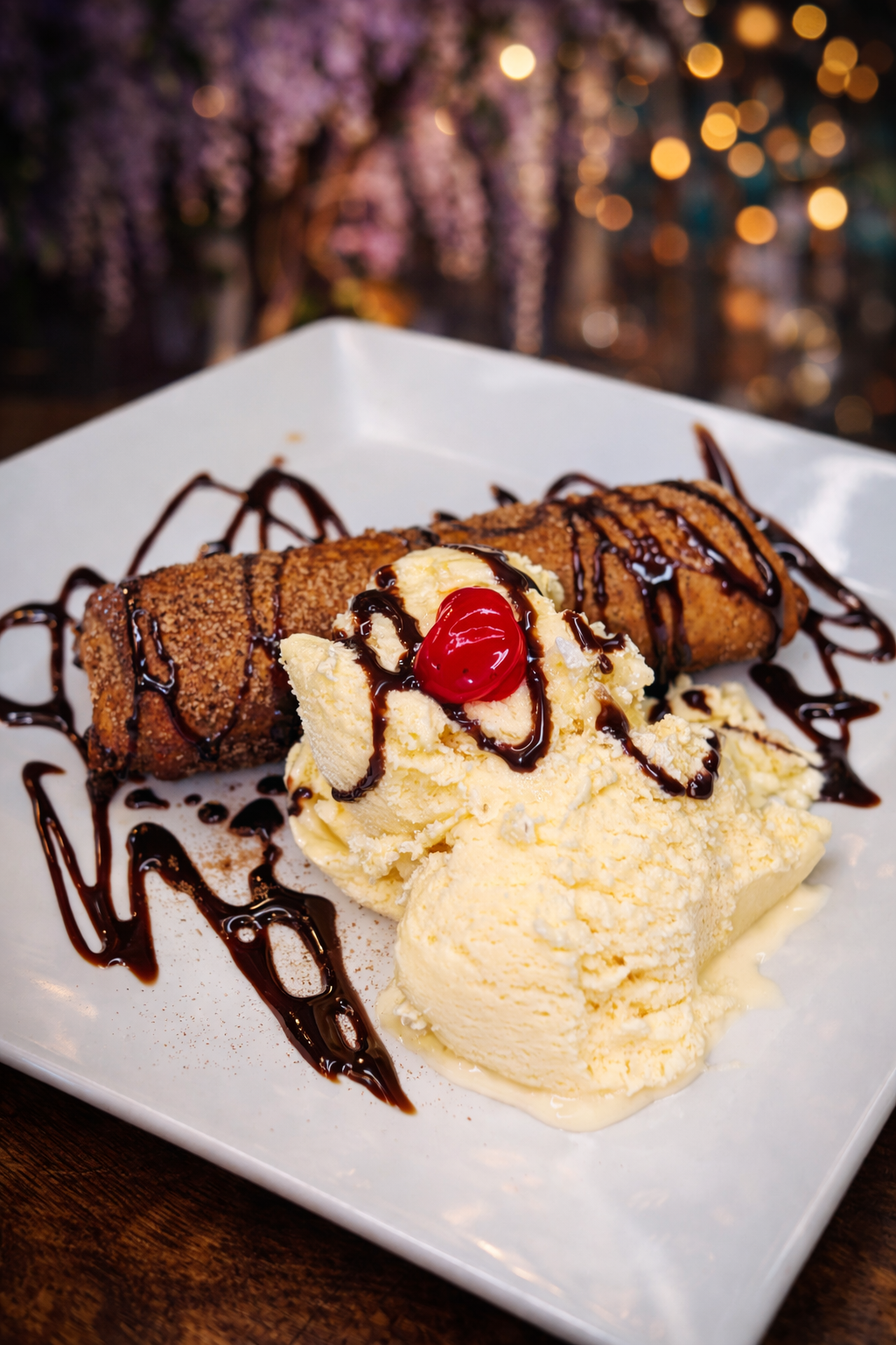 A dessert featuring a cannoli with chocolate drizzle, served with a scoop of vanilla ice cream topped with a cherry on a white plate, with blurred decorative lights in the background.