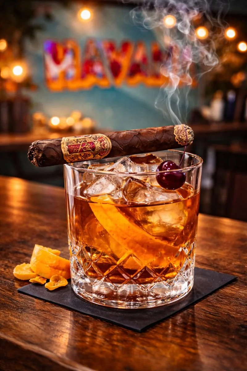 A glass of whiskey on the rocks with a cherry and a cigar resting on the rim, with a lemon wedge on the side, on a wooden bar.