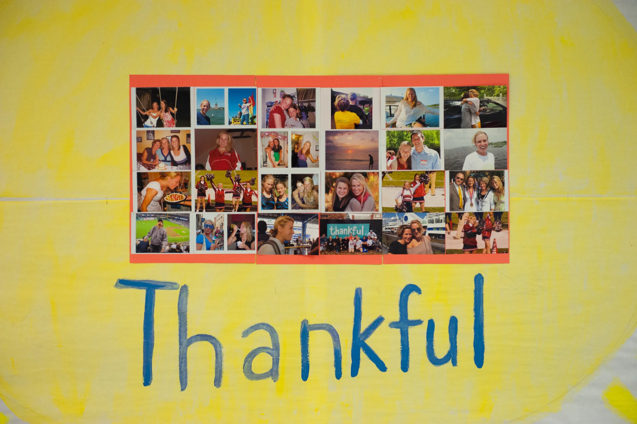 A collage of photographs on red paper with the word 'Thankful' written below it on a yellow background.