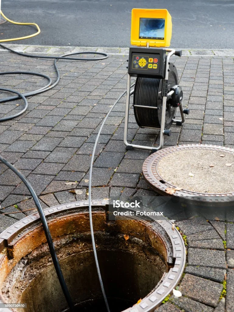 A sewer inspection camera with a yellow monitor and control panel positioned over an open street drain on a brick sidewalk, with cables connected to the drain opening.