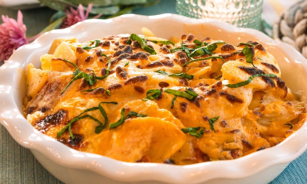 Baked macaroni and cheese with a golden-brown crust, garnished with chopped green herbs, served in a white dish.