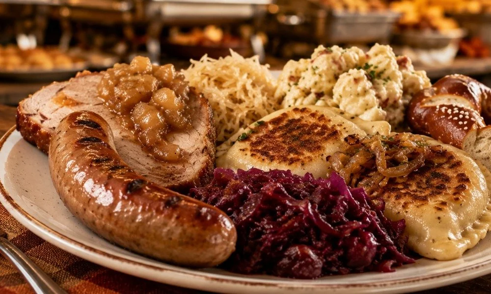 A plate of traditional German food, including roast pork with gravy, a sausage link, sauerkraut, potato salad, and pretzels.
