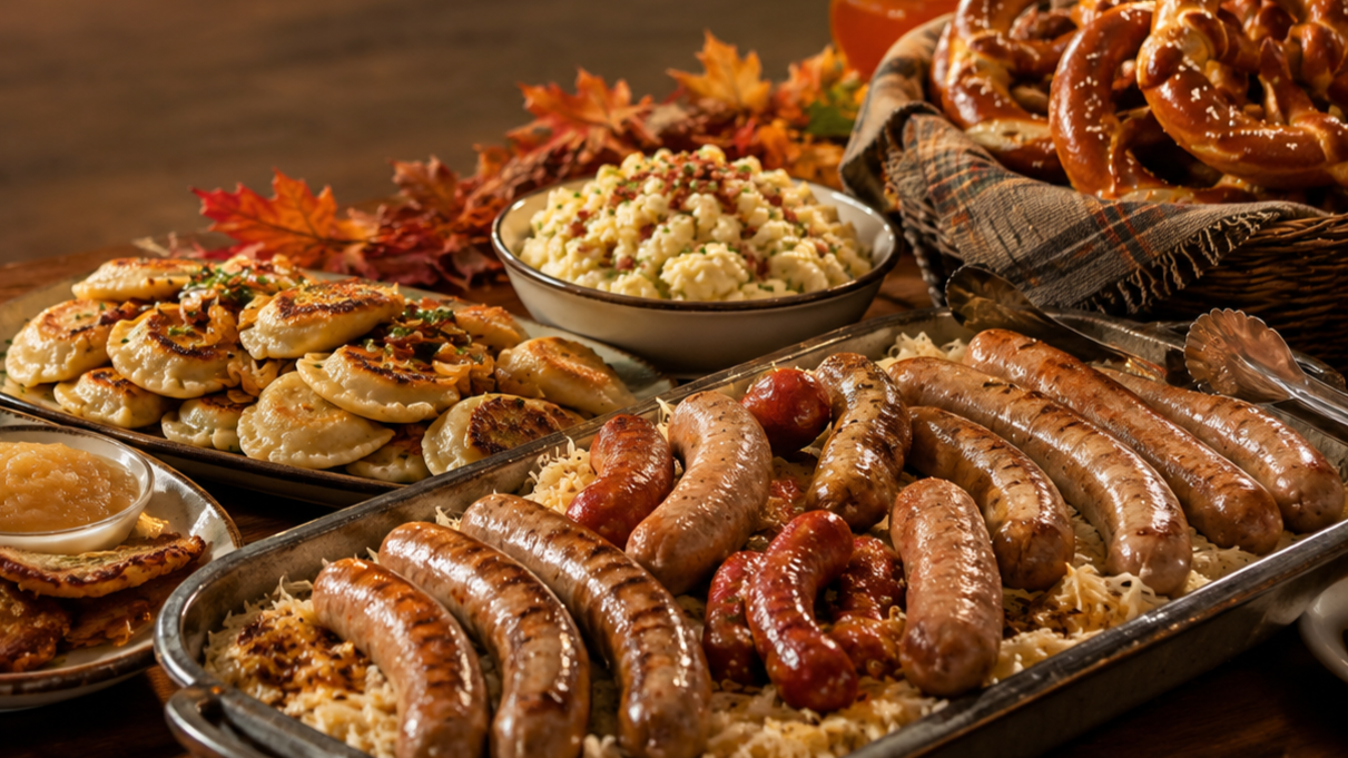 A Thanksgiving feast with sausages, mashed potatoes, dumplings, and gravy on a table decorated with autumn leaves.