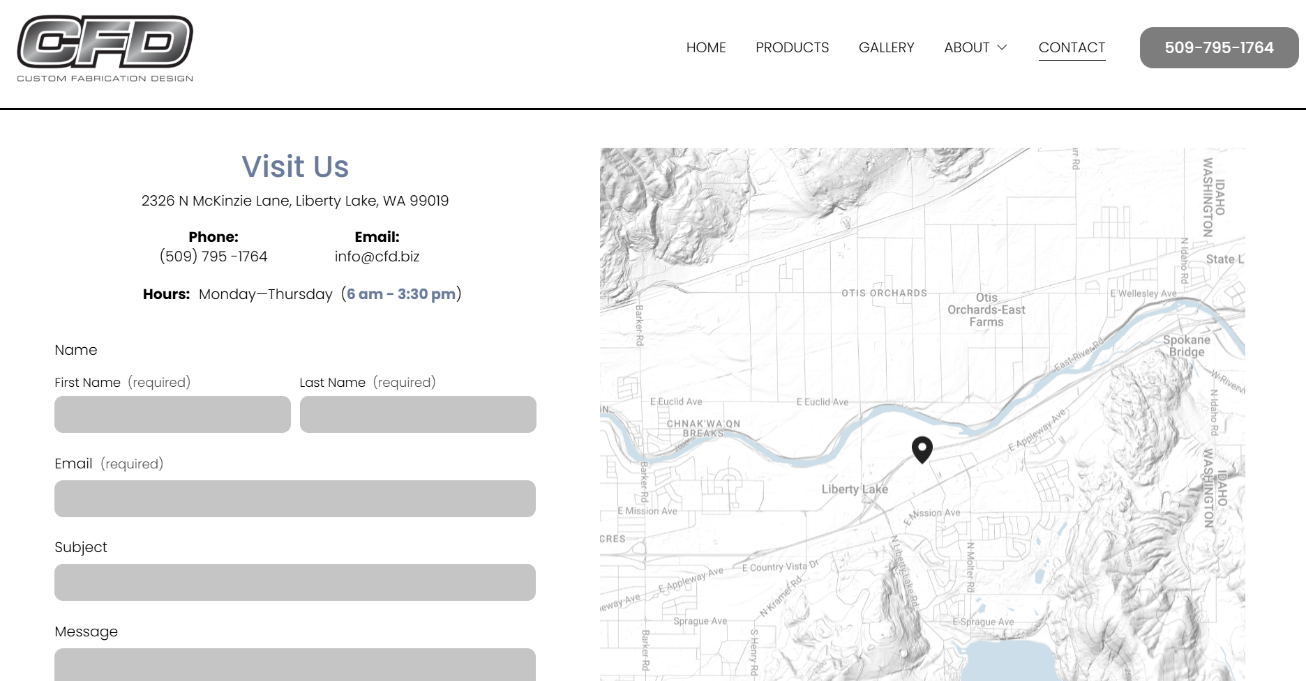 Web page with contact information, map of Liberty Lake, Washington, and a form to submit name, email, subject, and message.