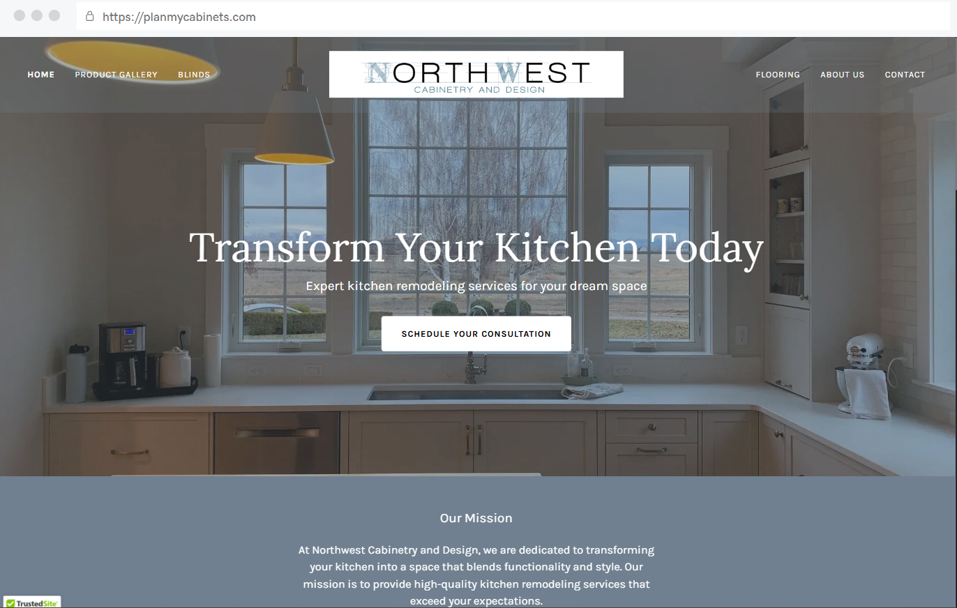 Homepage of Northwest Cabinetry and Design website featuring a modern kitchen with white cabinets, large windows, and pendant lighting.