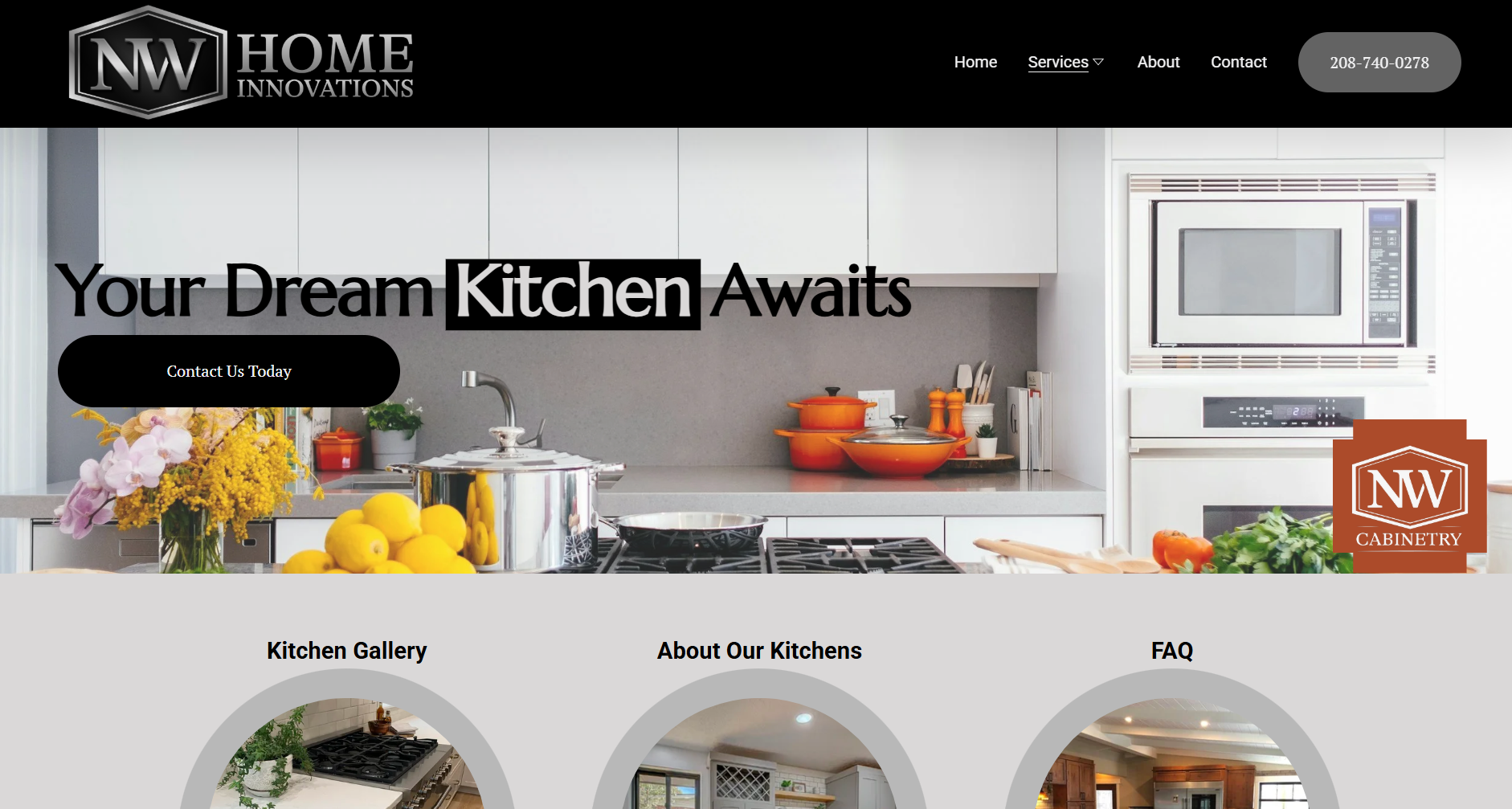 Website homepage for NW Home Innovations featuring a modern kitchen with white cabinets, a microwave, pots and utensils, lemons, flowers, and a logo for NW Cabinetry.