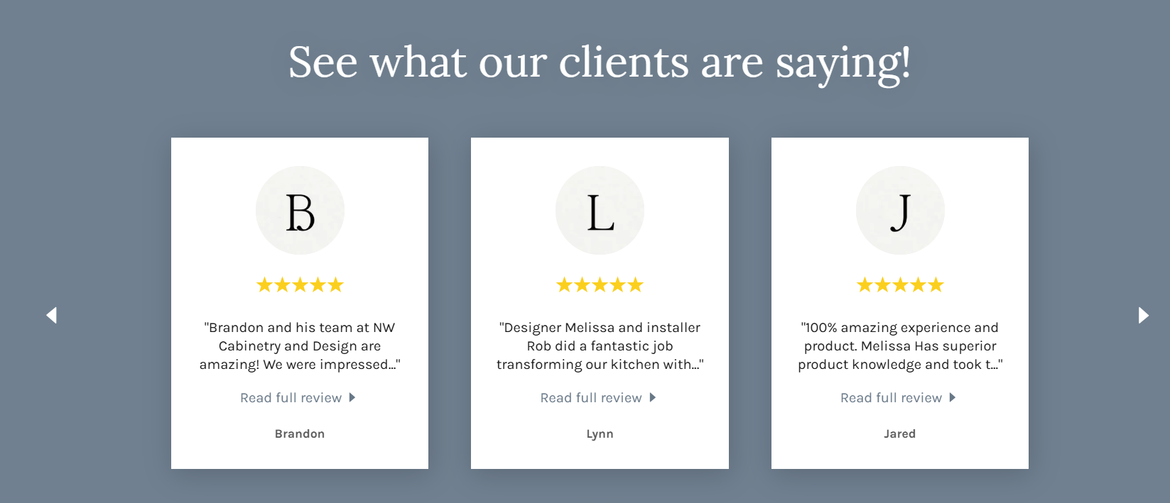 Customer reviews on a blue background with the title 'See what our clients are saying!'. Three testimonials are shown, each with a letter icon, five gold stars, a quote, a 'Read full review' link, and the reviewer’s name: Brandon, Lynn, and Jared.