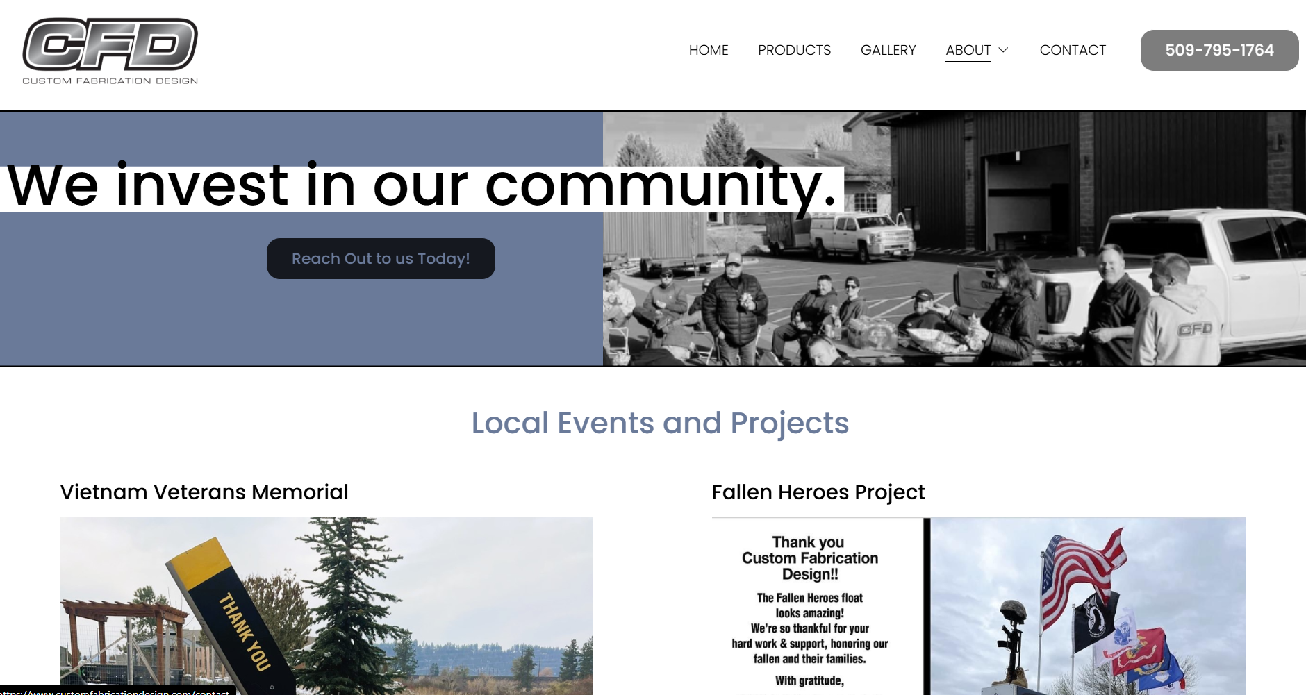 Screenshot of a community-focused website with a black and white photo of a group of people gathered outdoors, parked cars, and buildings in the background. The website header includes the company logo, navigation menu, and a contact phone number.
