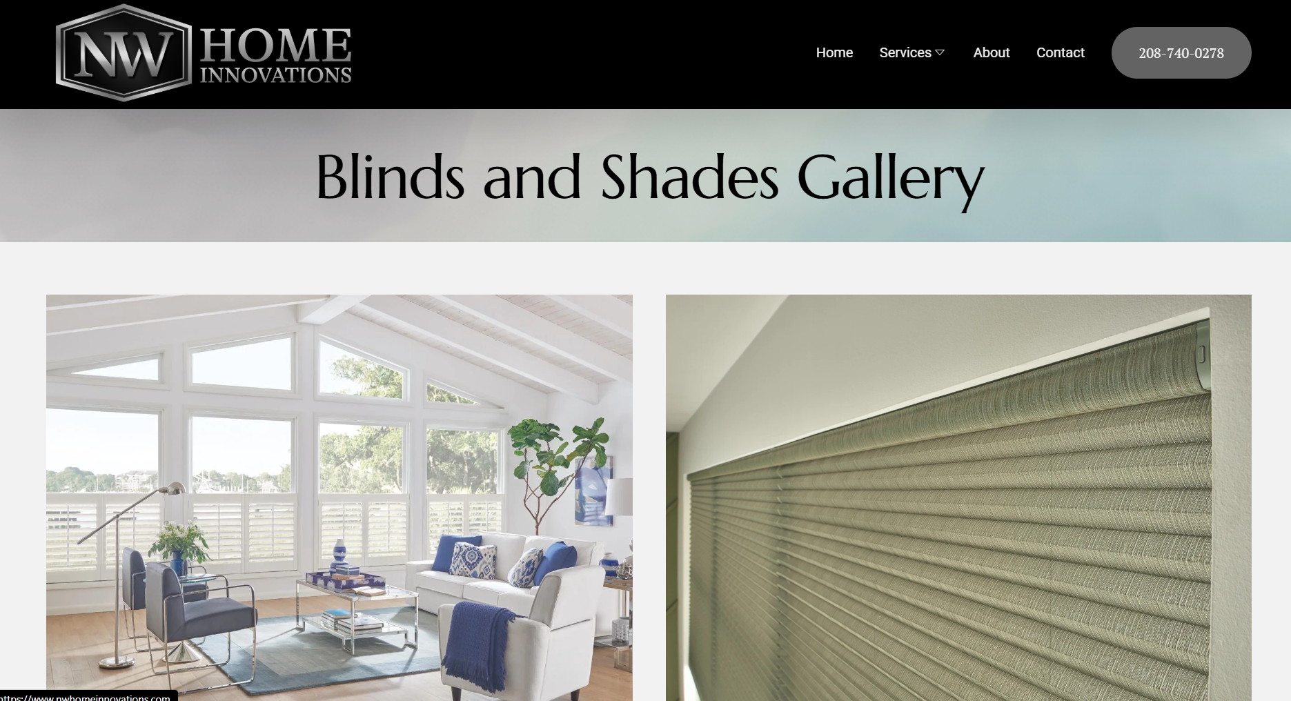 Home page of NW Home Innovations with a gallery of blinds and shades, featuring images of a sunlit living room with large windows and a close-up of a green pleated shade.