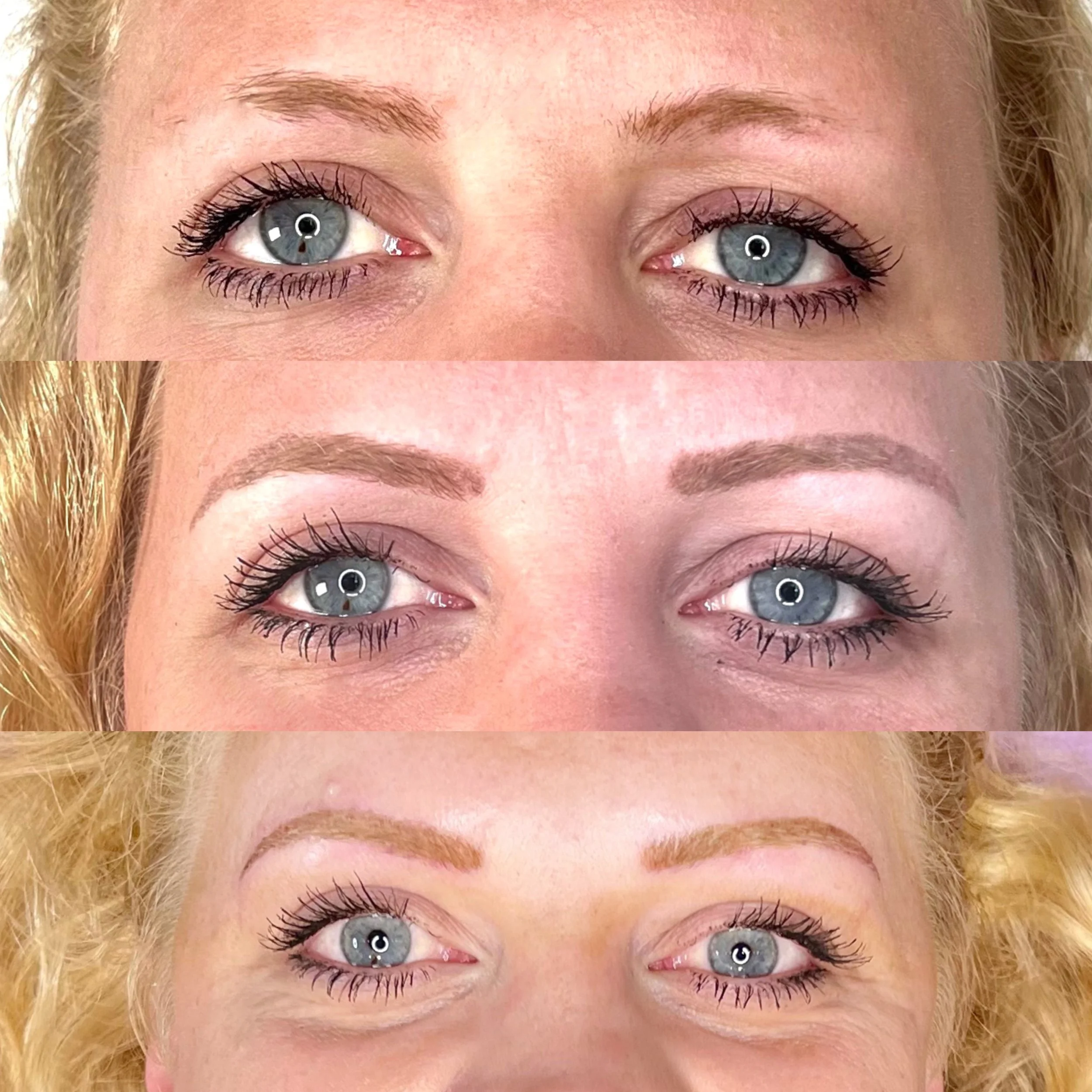 A collage of three close-up images of a woman's eyes, showing different makeup and grooming styles.