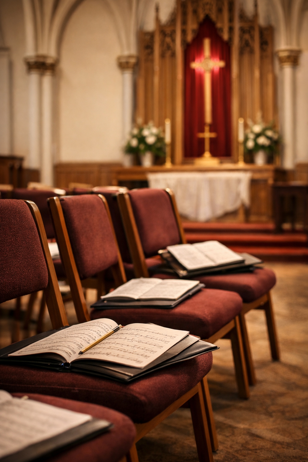 Open choral music resting on empty burgundy choir chairs after rehearsal.