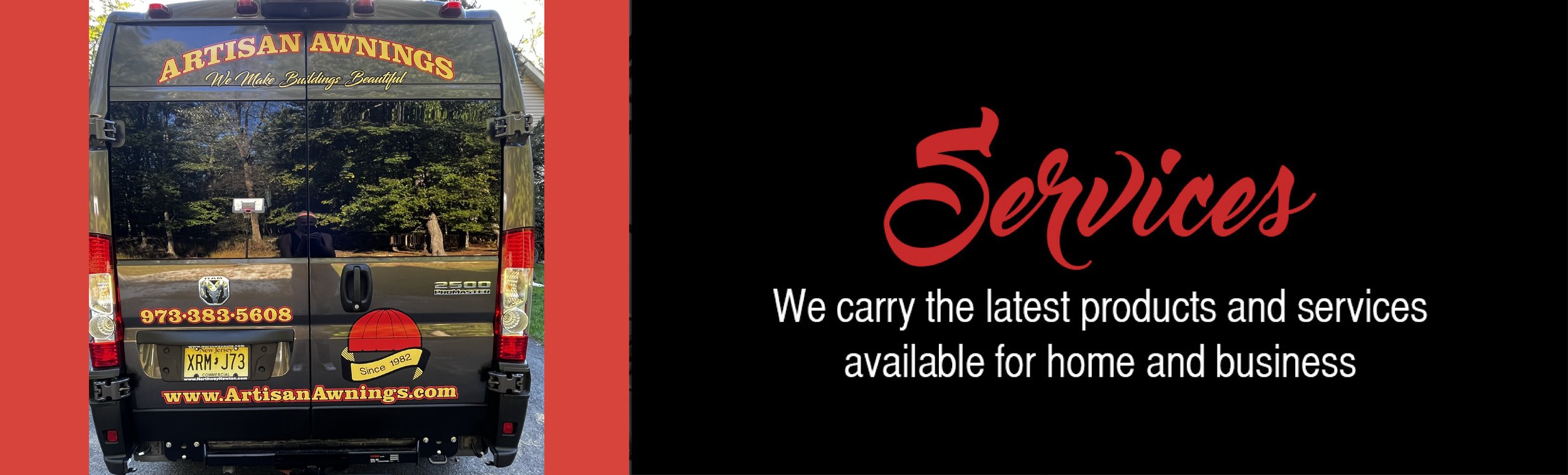 The back of a van advertising artisan awnings, Services banner