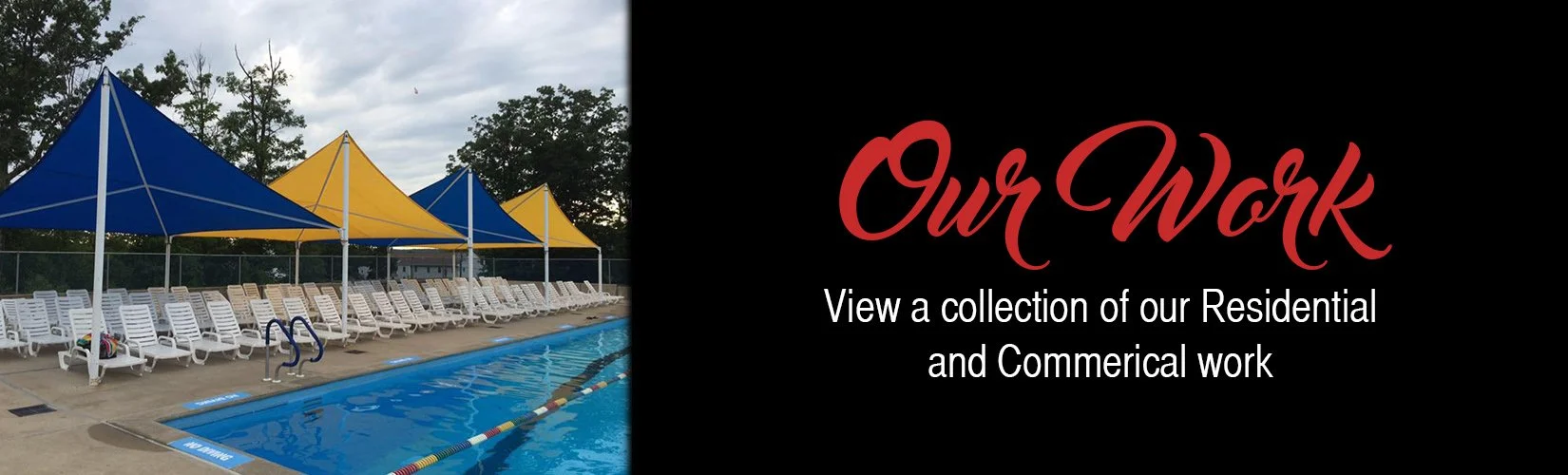 our work banner, Pool area with multiple lounge chairs and blue and yellow tents.