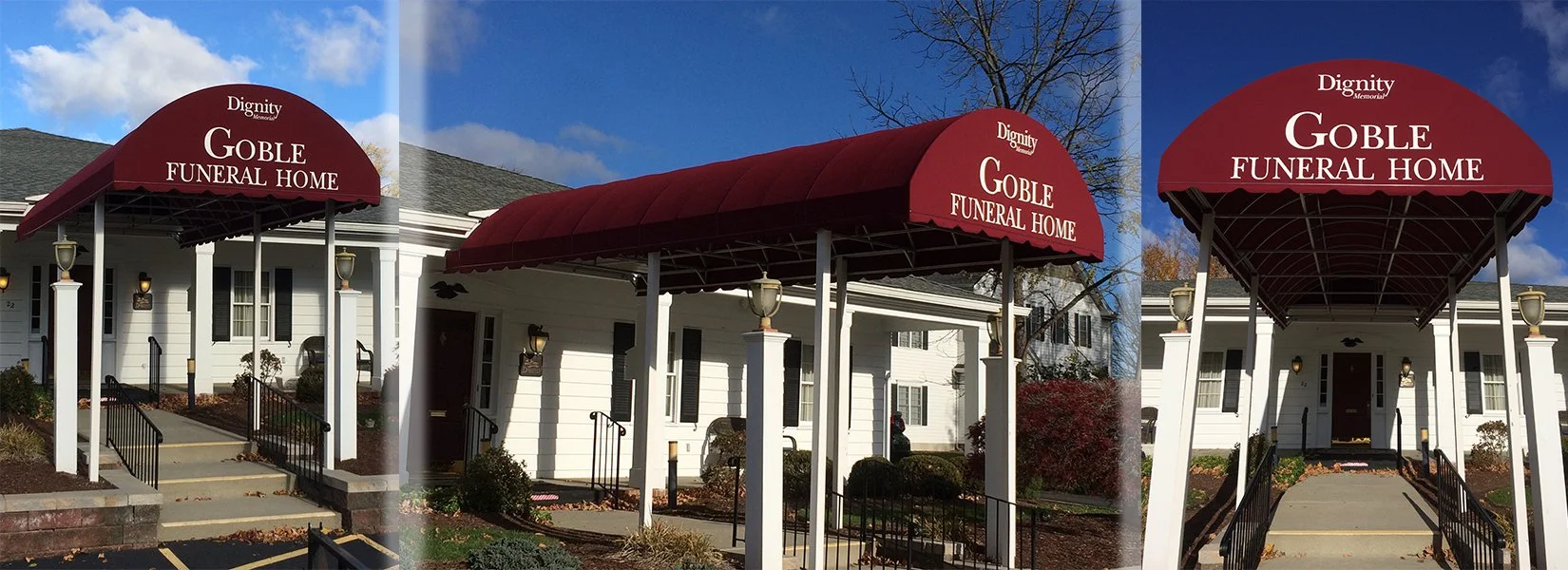 A three-image collage showing the exterior of Goble Funeral Home with a large burgundy awning. The images depict different angles of the same building, which is a white, single-story structure with black shutters and a front door, surrounded by a small landscaped area. The awning has white text that reads 'Dignity Goble Funeral Home Memorial'.