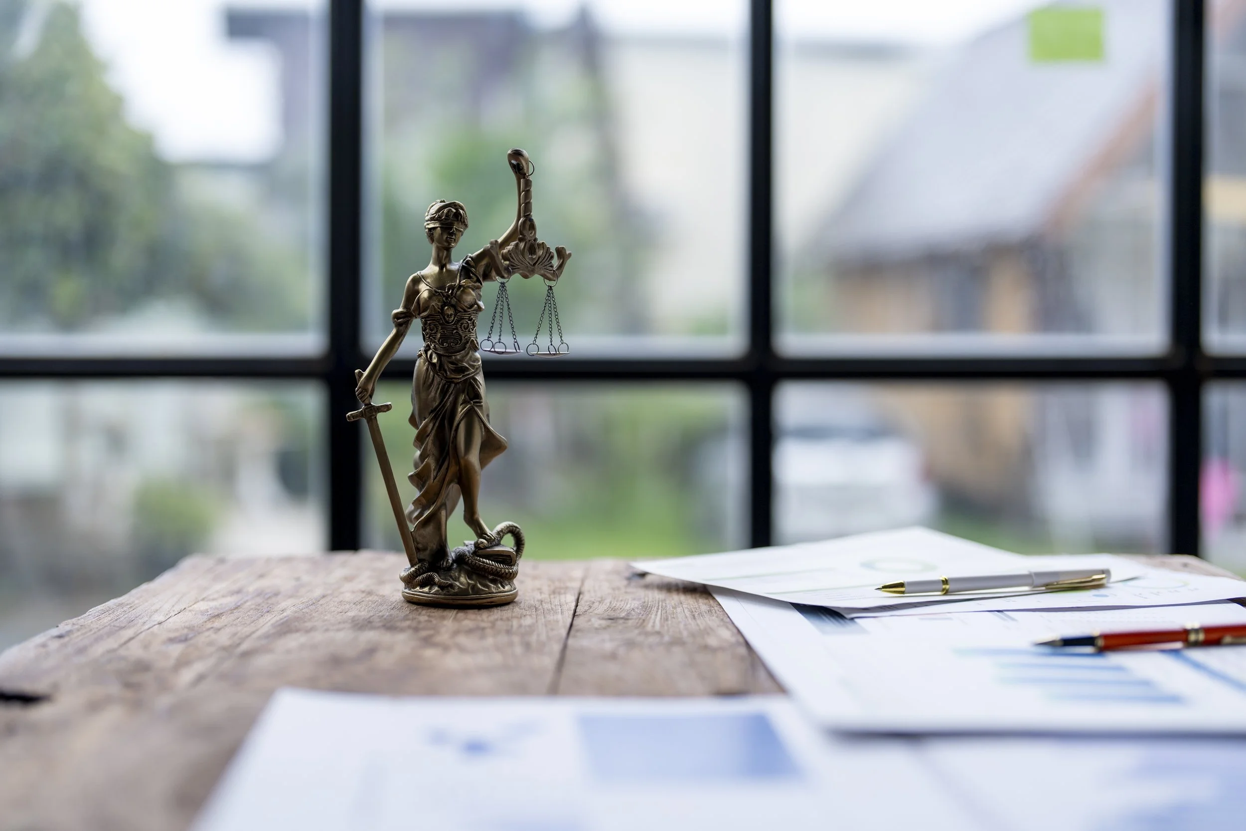A statue of Lady Justice holding scales upon a desk.