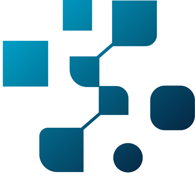 Abstract blue and teal geometric pattern with squares, rectangles, and circles.
