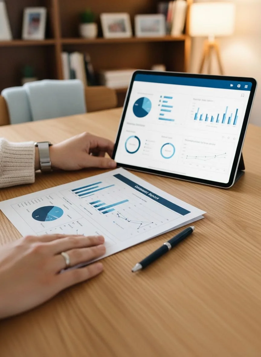 Person analyzing business charts and graphs on digital tablet and printed sheets on a wooden table in a home or office setting.