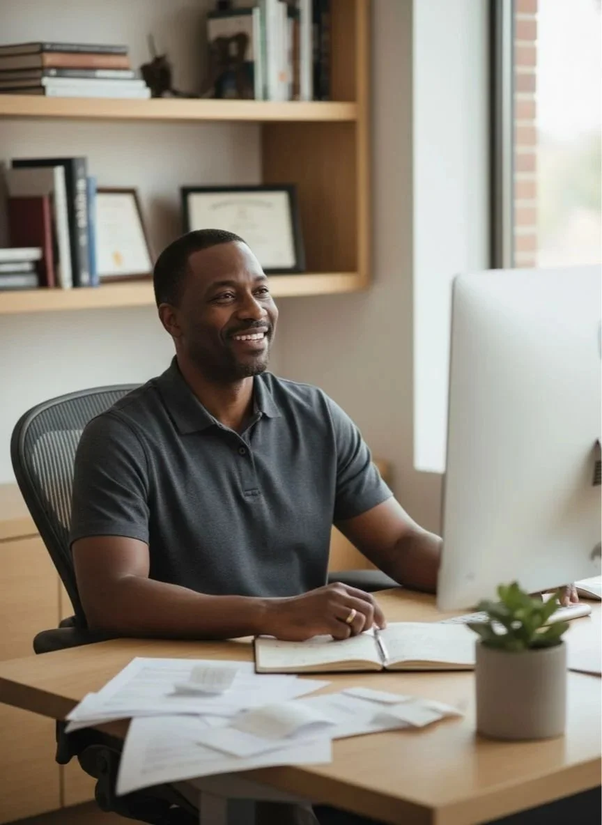 A man sitting at a desk in an office, smiling at a computer monitor, with papers and a small plant on the desk.