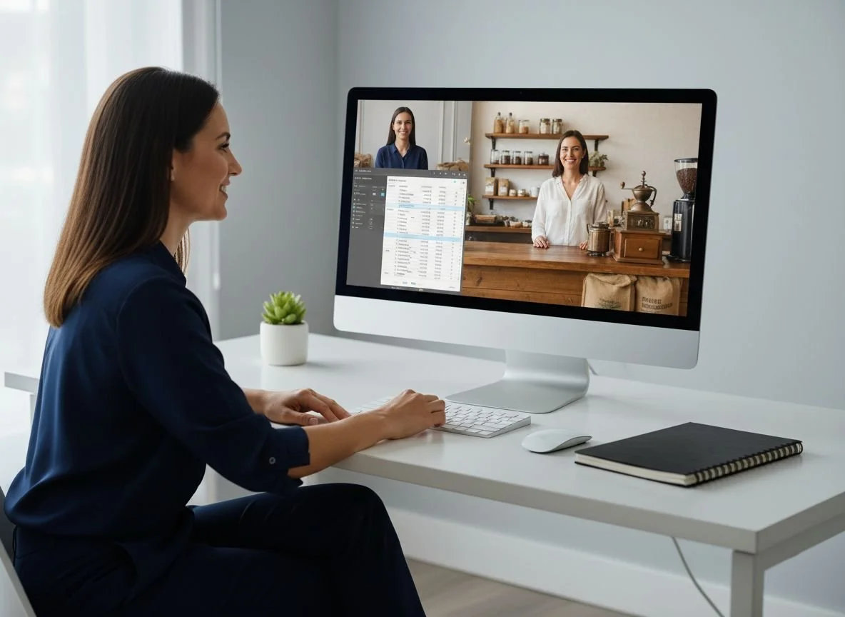 A woman is sitting at a white desk, participating in a video call on her desktop computer. The screen shows two women, one in a kitchen and one in a cafe or bakery setting. There is a small potted plant, a closed notebook, and a wireless keyboard and mouse on the desk.