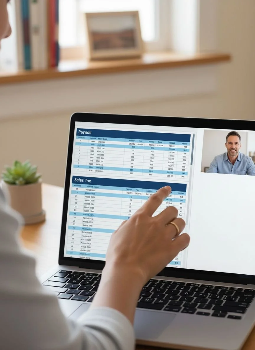 Person pointing at financial spreadsheet titled 'Payroll' and 'Sales Tax' on a laptop screen in an office setting.
