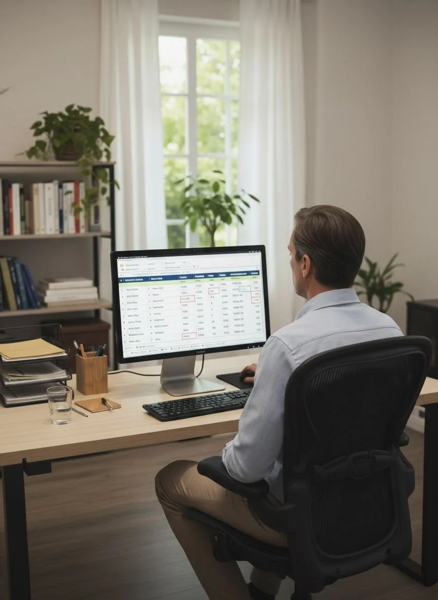 A man sitting at a desk working on a computer in a home office with books and plants.