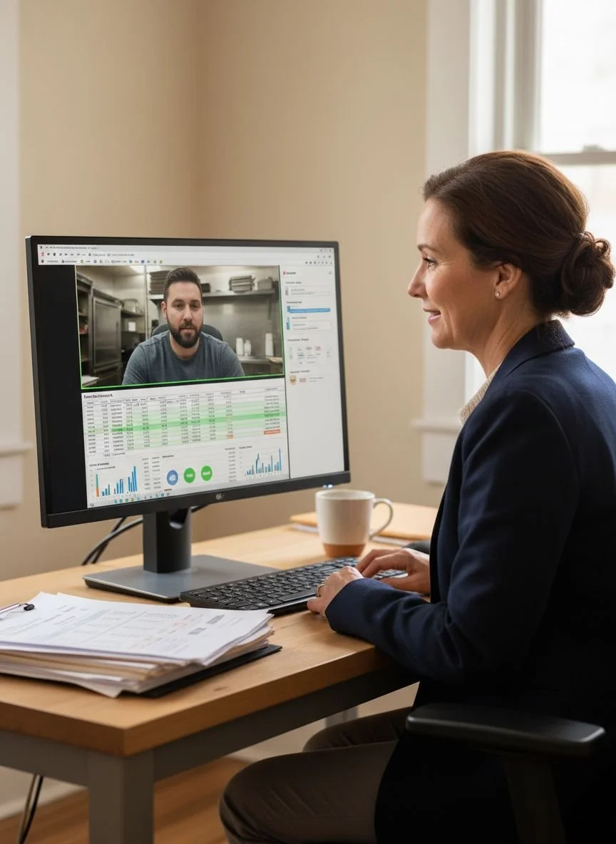 A woman in professional attire participating in a video call on her computer with a man in a kitchen background visible on screen. She is sitting at a desk with papers, a coffee mug, and a keyboard.