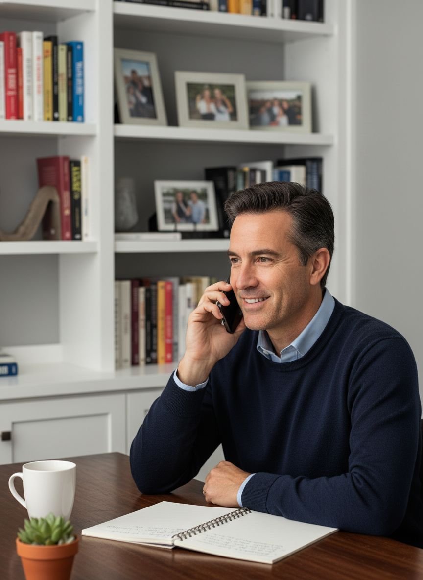A man with dark hair, wearing a navy sweater over a light blue collared shirt, sitting at a wooden table talking on a cell phone, with a white mug, a small potted succulent, and an open notebook in front of him. In the background, a white bookshelf with framed photos and books.