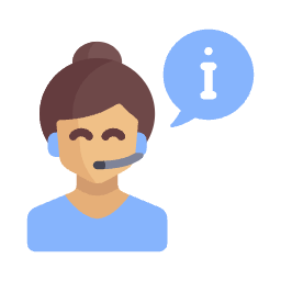 Customer service representative wearing a headset with a speech bubble containing an information icon.