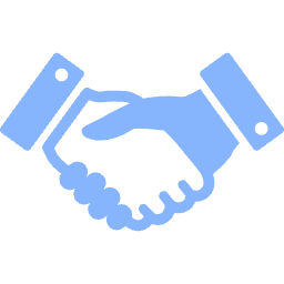 Simple graphic of a handshake icon in blue.