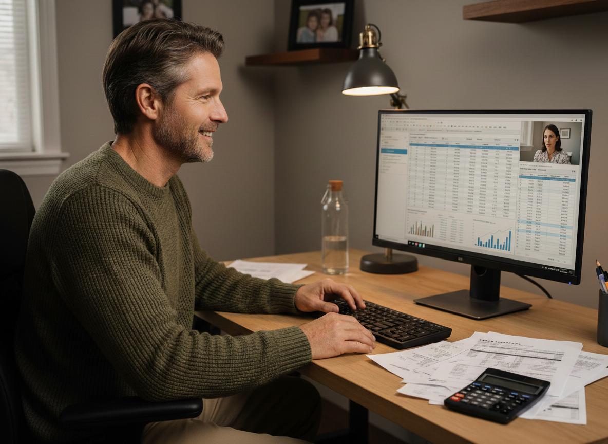 A smiling man with gray hair and a beard working at a desk on a computer screen displaying spreadsheets and a video call with a woman.