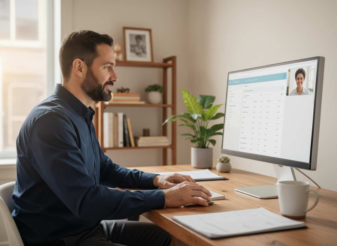 A man with a beard sitting at a desk, using a computer with a video call on screen, in a well-lit home office with plants and bookshelf.