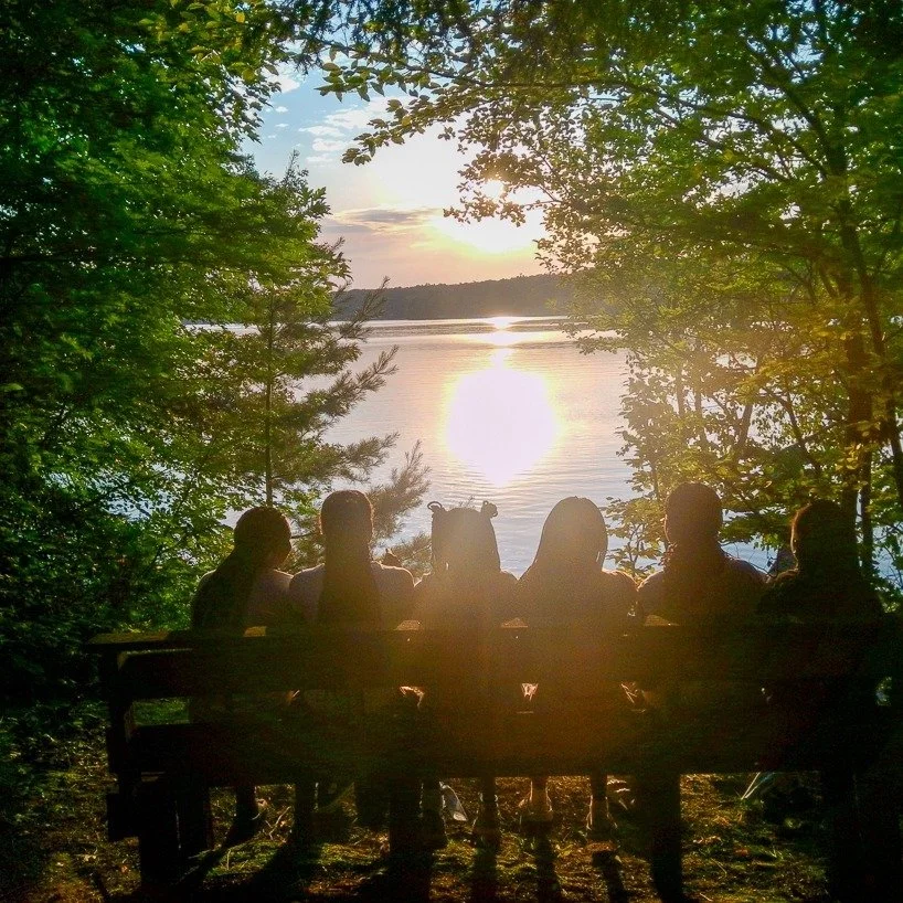 Silhouettes of six people sitting on a bench by a lake during sunset, surrounded by trees.